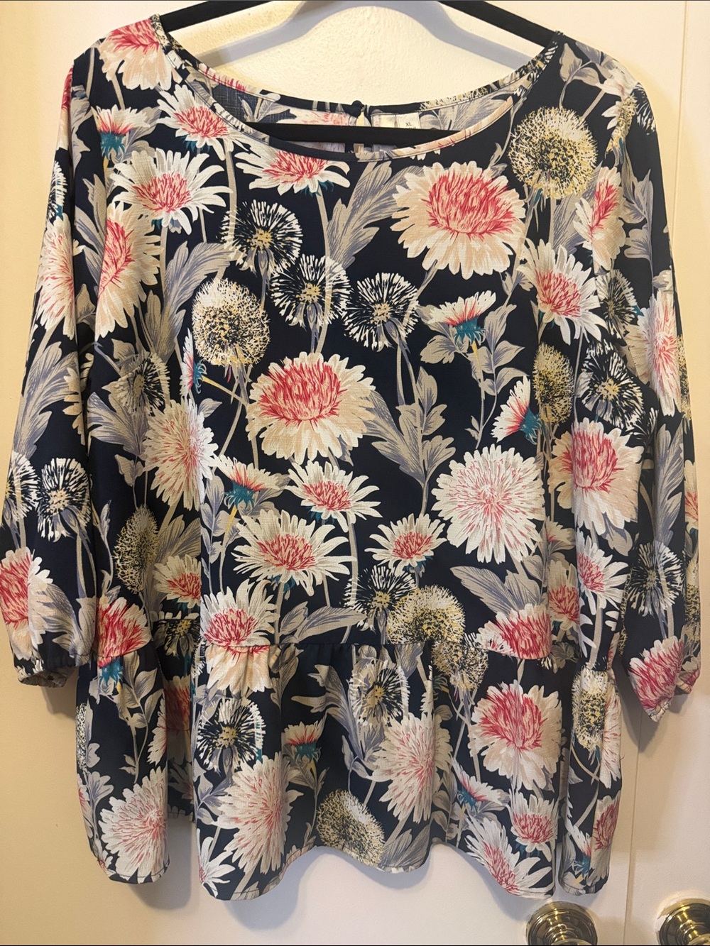 Floral Peplum Blouse - Navy with Cream & Pink Flowers